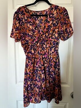 Women's V-Neck Floral Print Midi Dress in Purple, Pink & Tan